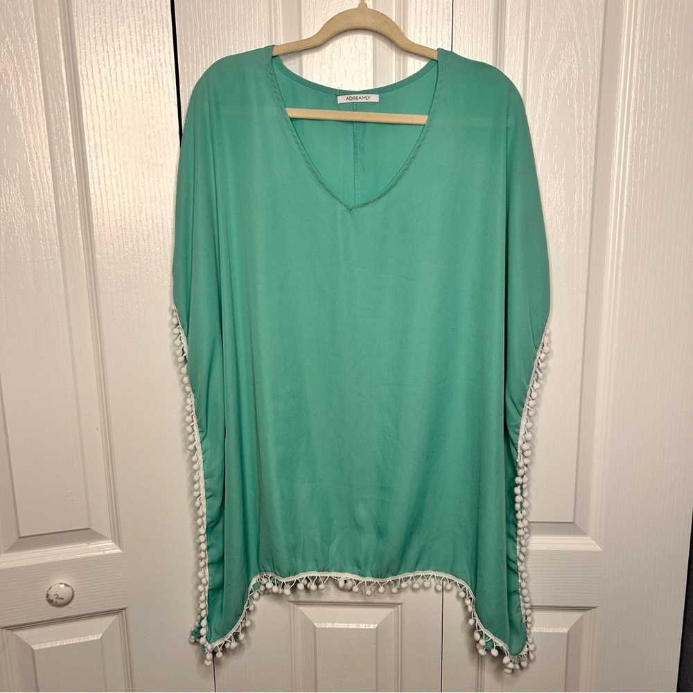 Adreamly Women’s Teal Beach Cover Up White Pom Pom Trim One Size‎ Beach Vacation